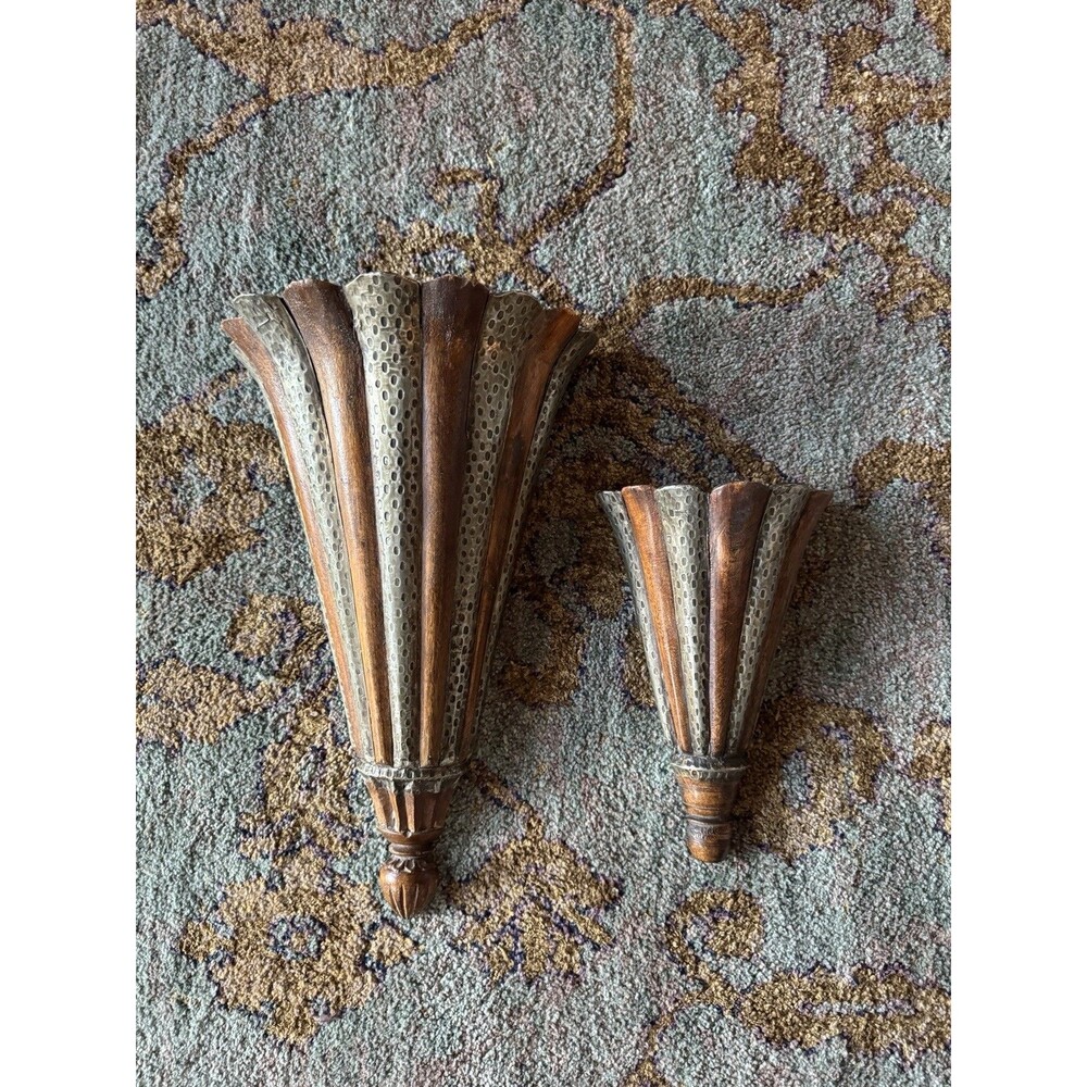 Large And Small Vintage Wood & Metal Torchiere Wall Pocket Flower Bracket Sconce